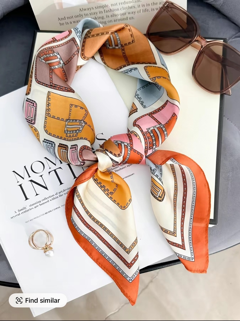 Printed Satin Neck Scarf in Orange, Pink, Blue & Cream